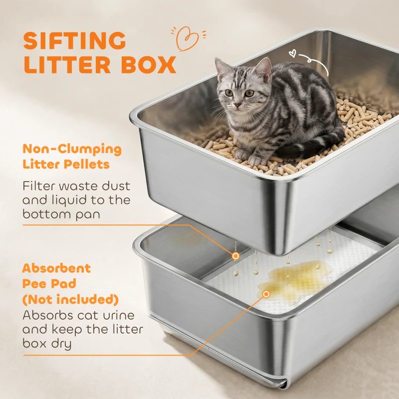 PawHut Stainless Steel Litter Box, XL Sifting Cat Litter Box for Medium and Large Cat, Non-Sticky, Odour Free, Easy Clean