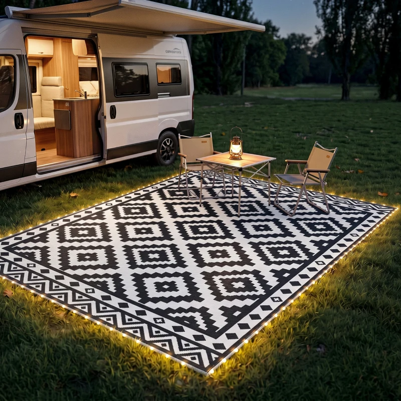 Outsunny Outdoor Rug Carpet Reversible Plastic Straw Rug with LED Lights Black and White 12' x 9' for Patio