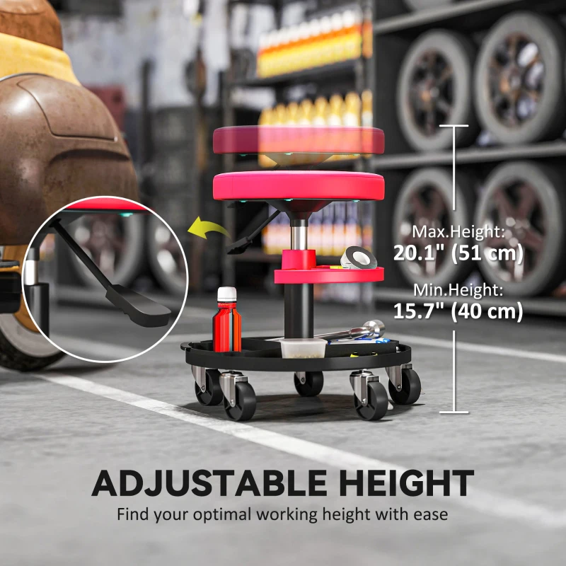 HOMCOM Rolling Garage Stool, 300 LBS Capacity Mechanic Stool with 2.5" Wheels, Tool Trays Storage, Adjustable Height, Red