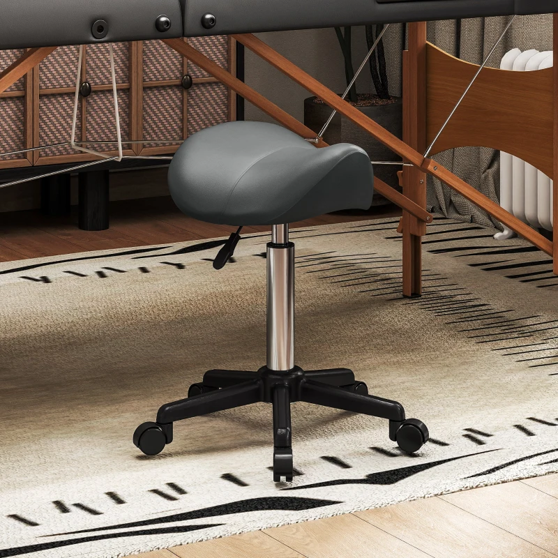 HOMCOM Saddle Stool, Adjustable Rolling Stool, Grey
