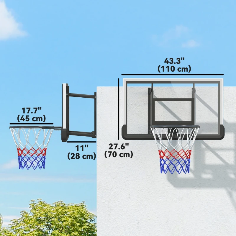 Soozier Wall Mounted Basketball Hoop, Height Adjustable Mini Basketball Hoop with 43" x 35" Backboard, 18" Steel Rim, Black
