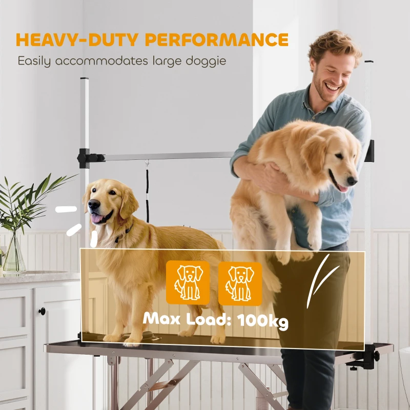 PawHut Adjustable Dog Grooming Table with 2 Safety Slings, Storage Basket, Black