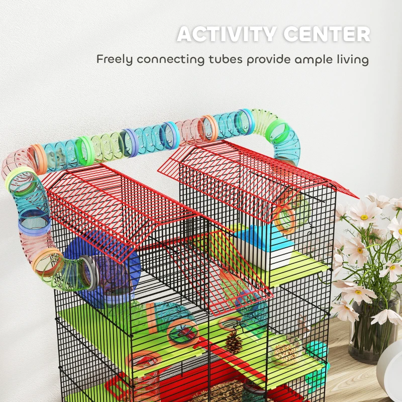 PawHut 18.5" Hamster Cage, 5 Tiers Small Animal House with Tunnel Tube System, Exercise Wheel, Water Bottle, Red