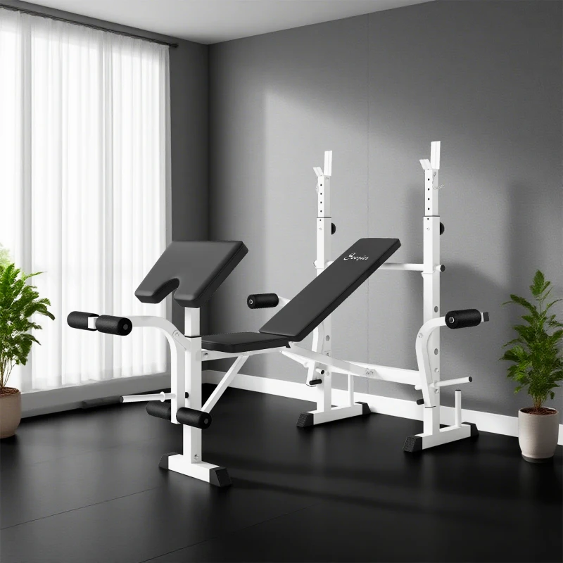 Soozier Bench Press Set Adjustable Weight Bench with Squat Rack, Preacher Curl Pad, Leg Developer and Weight Storage, White