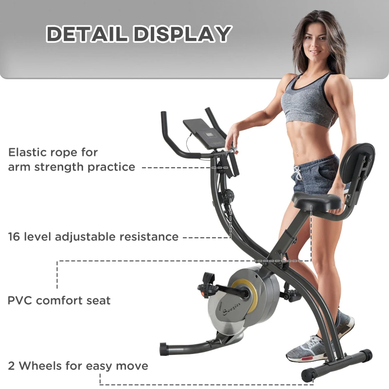 Soozier Exercise Bike for Home, Foldable Recumbent Stationary Bike with 16-Level Magnetic Resistance, Resistance Bands, Adjustable Seat, LCD Monitor for Cardio Workout Cycling