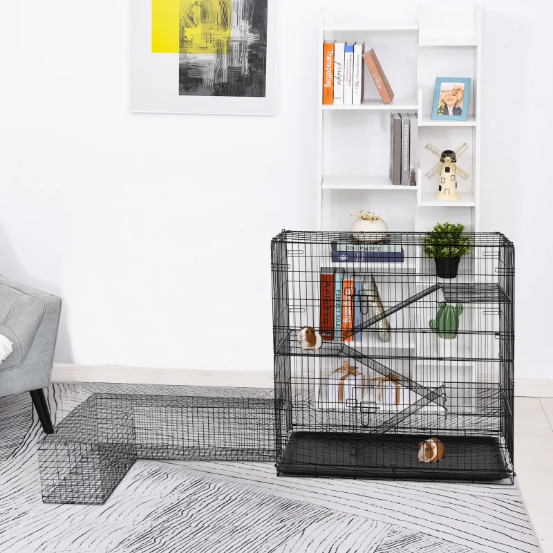 Pawhut Small Animal Cage Hutch Pet Play House with Platform, Ramp, Removable Tray, Wire Runway for Rabbits, Guinea Pigs, Ferret