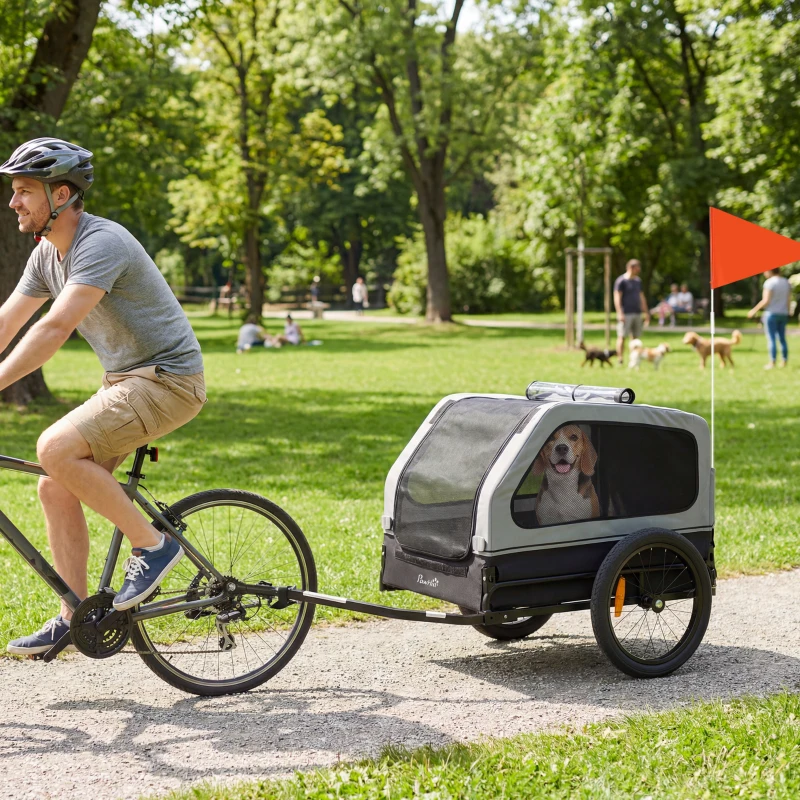 PawHut Dog Bike Trailer for Small & Medium Dogs up to 44 lbs, Universal Bicycle Coupler, Flip-Down Ramp Tailgate, Grey