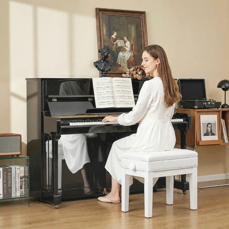 HOMCOM Faux Leather Keyboard Bench, 24.8" Adjustable Piano Bench with Padded Cushion and Storage, White