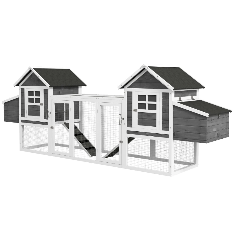 PawHut 123" Extra Large Chicken Coop Wooden Poultry House Rabbit Hutch Hen Backyard with Run Ramps and Nesting Boxes, Grey