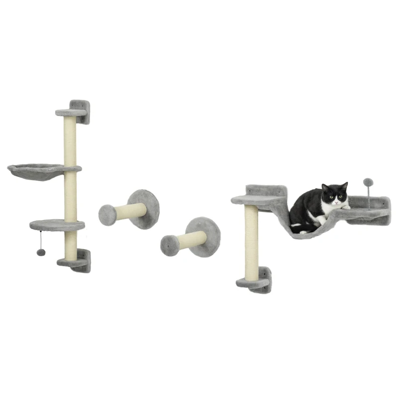 PawHut 4PCs Cat Wall Shelves with Hammock, Scratching Post, Ladder, Steps, Platforms, Toy Balls, Grey