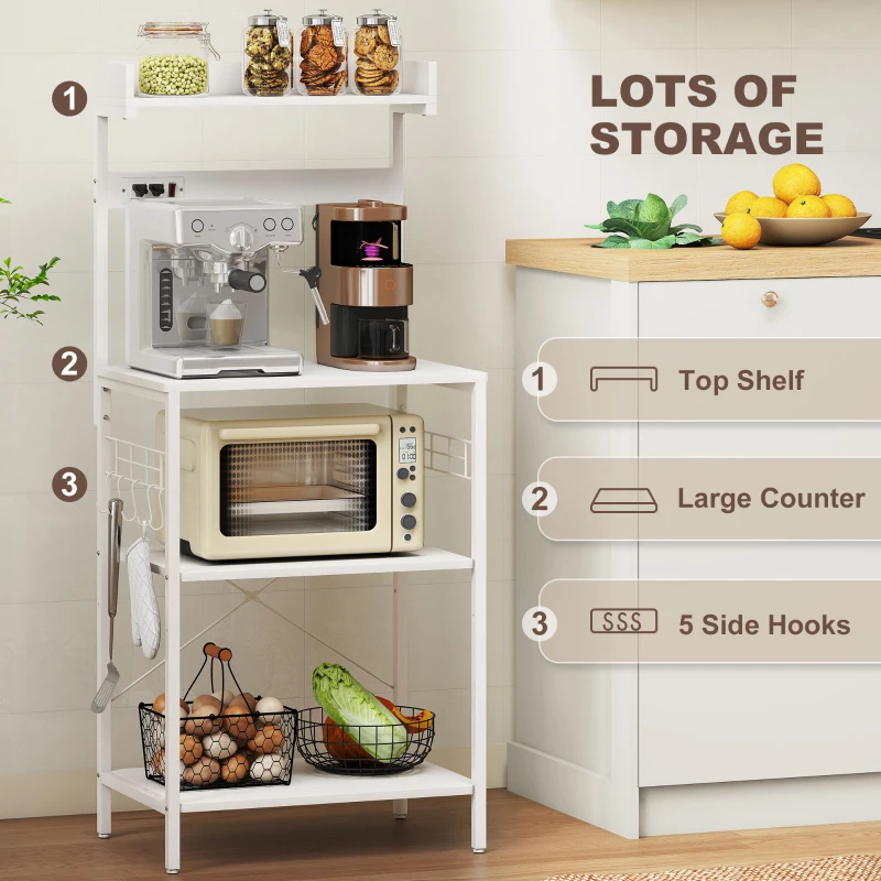 HOMCOM Kitchen Baker's Rack with Power Outlet, Coffee Bar Station with Adjustable Shelves and Hooks, Distressed White
