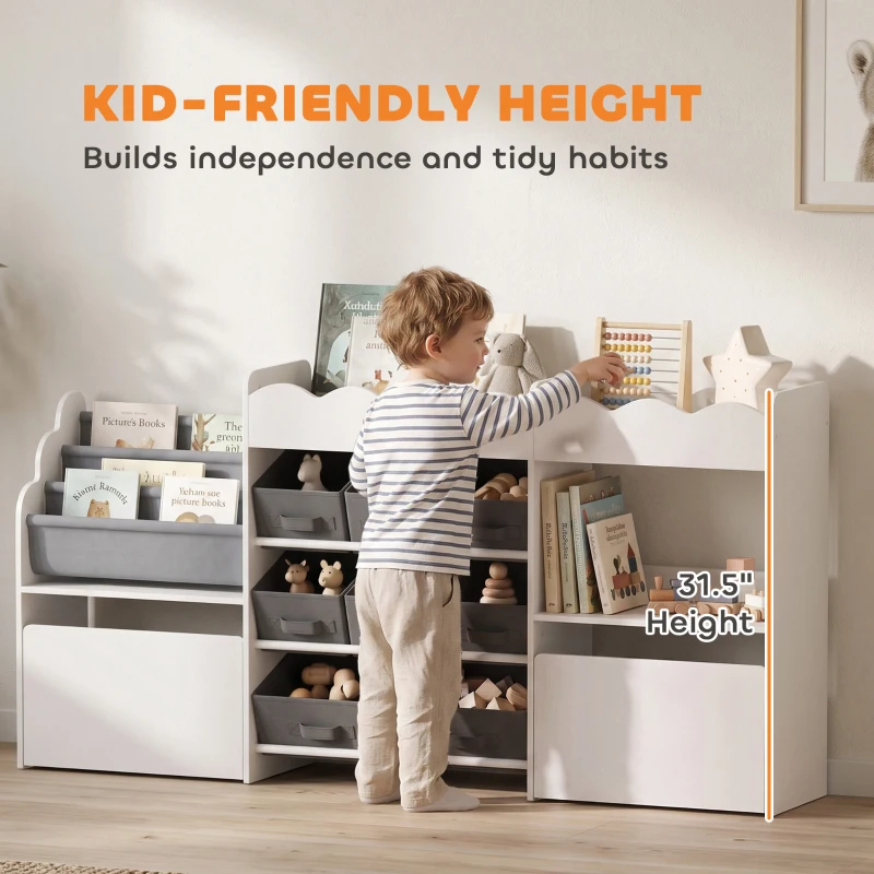 Qaba Kids Toy Storage Organizer, Kids Bookshelf with 8 Fabric Bins, 2 Rolling Drawers, Open Shelves for Kids Room, White