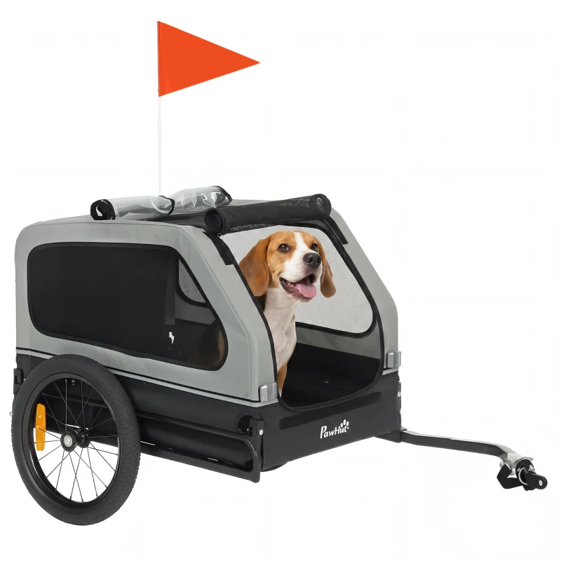 PawHut Dog Bike Trailer for Small & Medium Dogs up to 44 lbs, Universal Bicycle Coupler, Flip-Down Ramp Tailgate, Grey