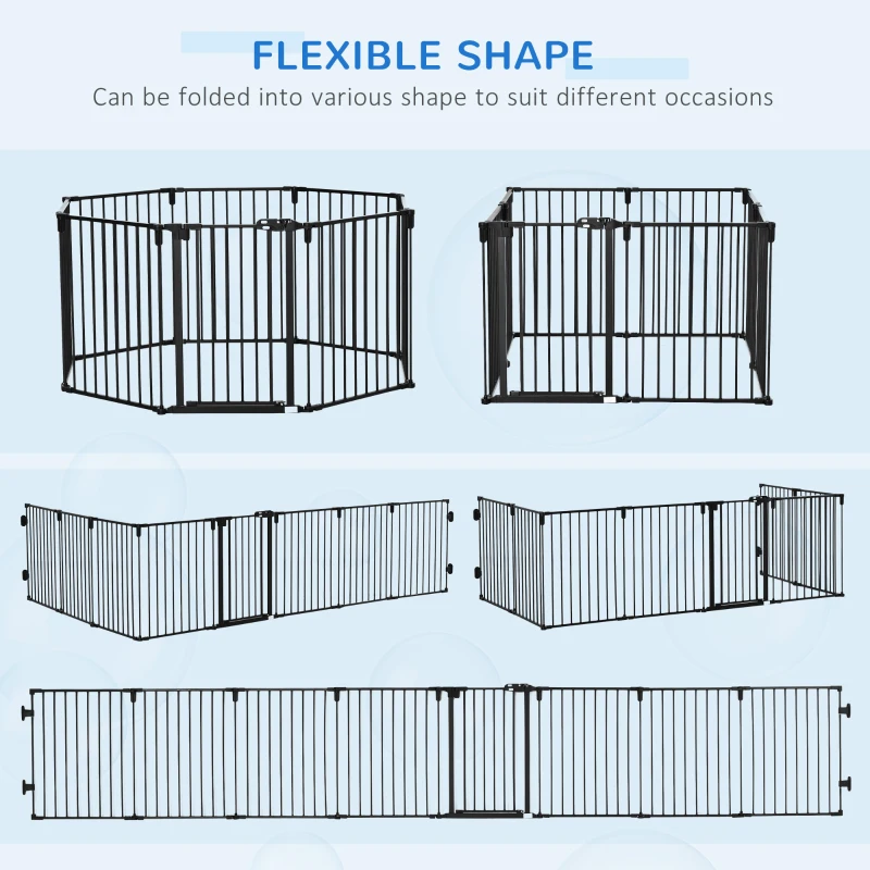 PawHut Dog Safety Gate 8-Panel Playpen Fireplace Christmas Tree Steel Fence Stair Barrier Room Divider Black