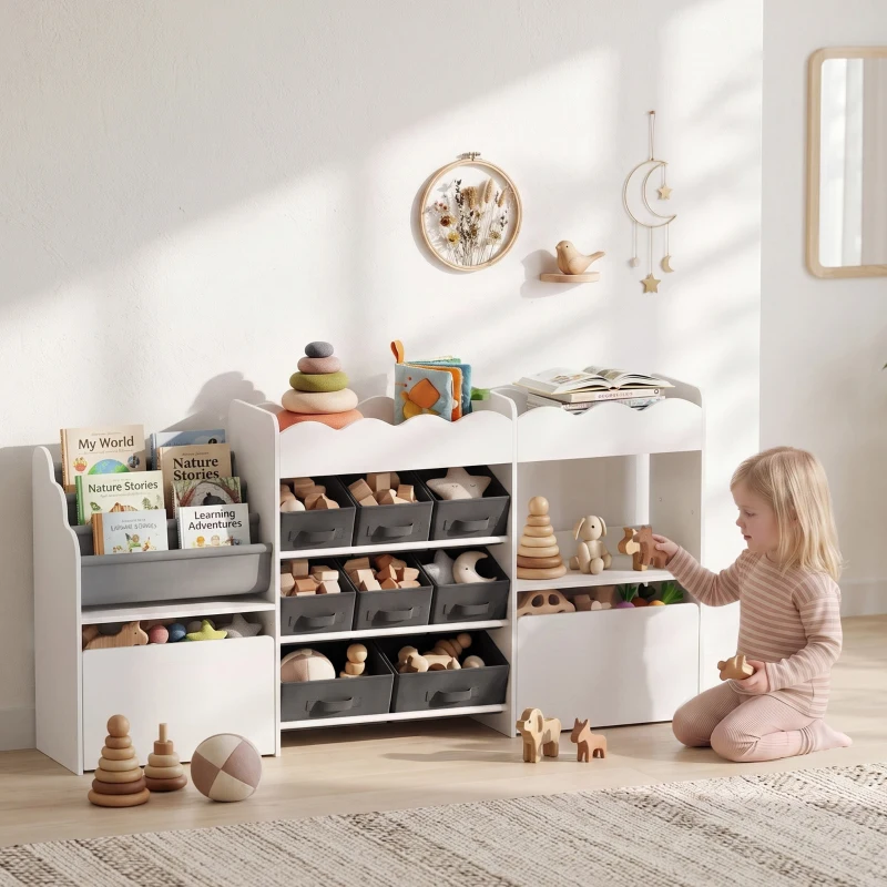Qaba Kids Toy Storage Organizer, Kids Bookshelf with 8 Fabric Bins, 2 Rolling Drawers, Open Shelves for Kids Room, White