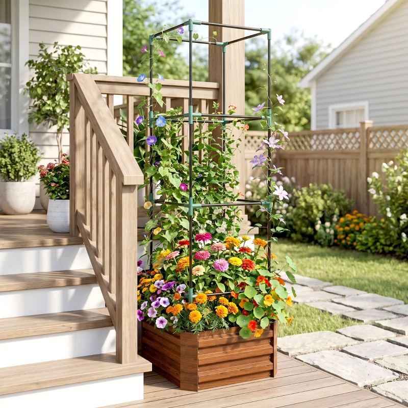Outsunny Galvanized Planter Box, 24" x 24" x 73.5" Raised Garden Bed with Tomato Cage for Climbing Vines, Brown