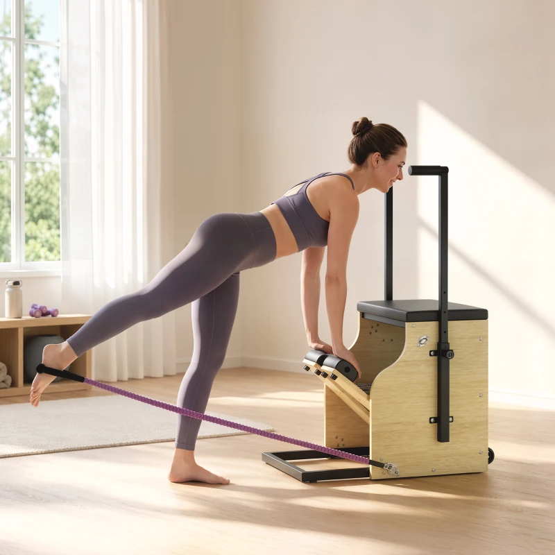 Soozier Pilates Chair, Wunda Chair with Resistance Bands, Wheels, Adjustable Handles & Springs, Wooden Pilates Reformer Machine