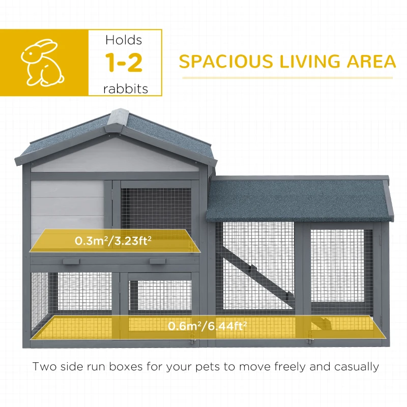 PawHut Wood Rabbit Hutch Backyard Bunny Cage Small Animal House Asphalt Roof w/ Ramp and Outdoor Run Dark Grey