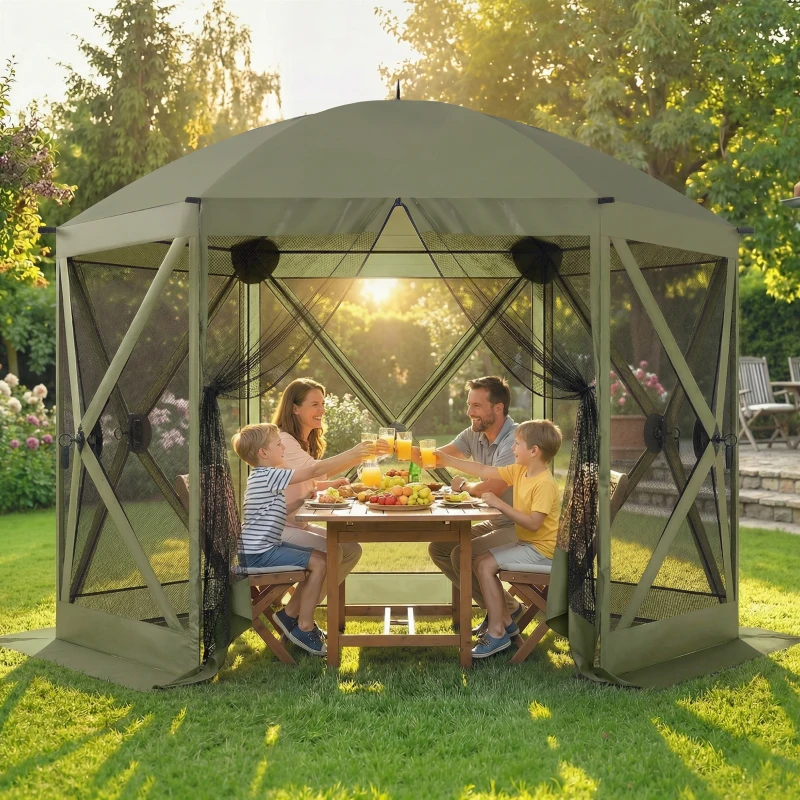 Outsunny 10 x 11 ft Pop Up Gazebo Screen Tent, Portable Instant Camping Canopy Screen House with Nettings, Carry Bag, Dark Green
