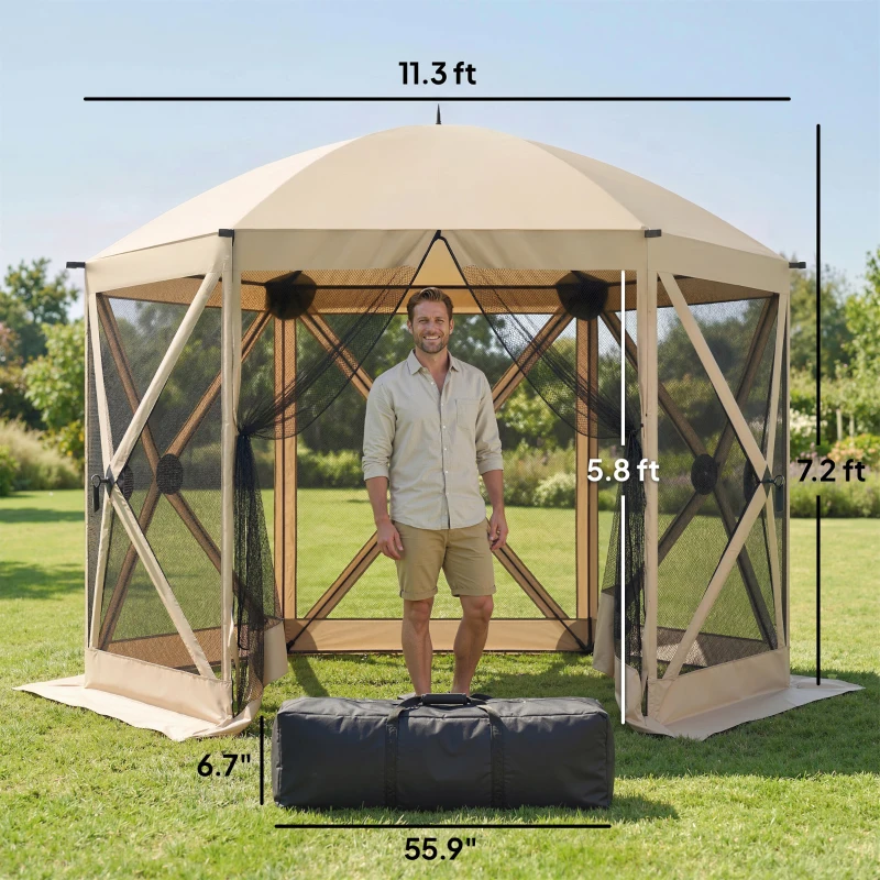 Outsunny 10 x 11 ft Pop Up Gazebo Screen Tent, Portable Instant Camping Canopy Screen House with Nettings, Carry Bag, Beige