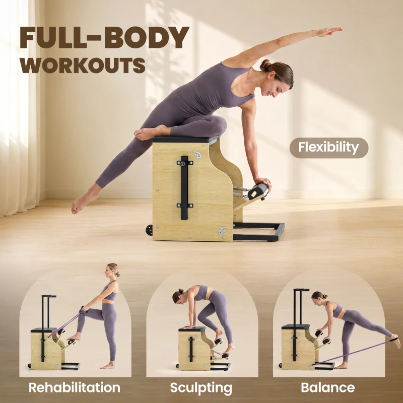 Soozier Pilates Chair, Wunda Chair with Resistance Bands, Wheels, Adjustable Handles & Springs, Wooden Pilates Reformer Machine