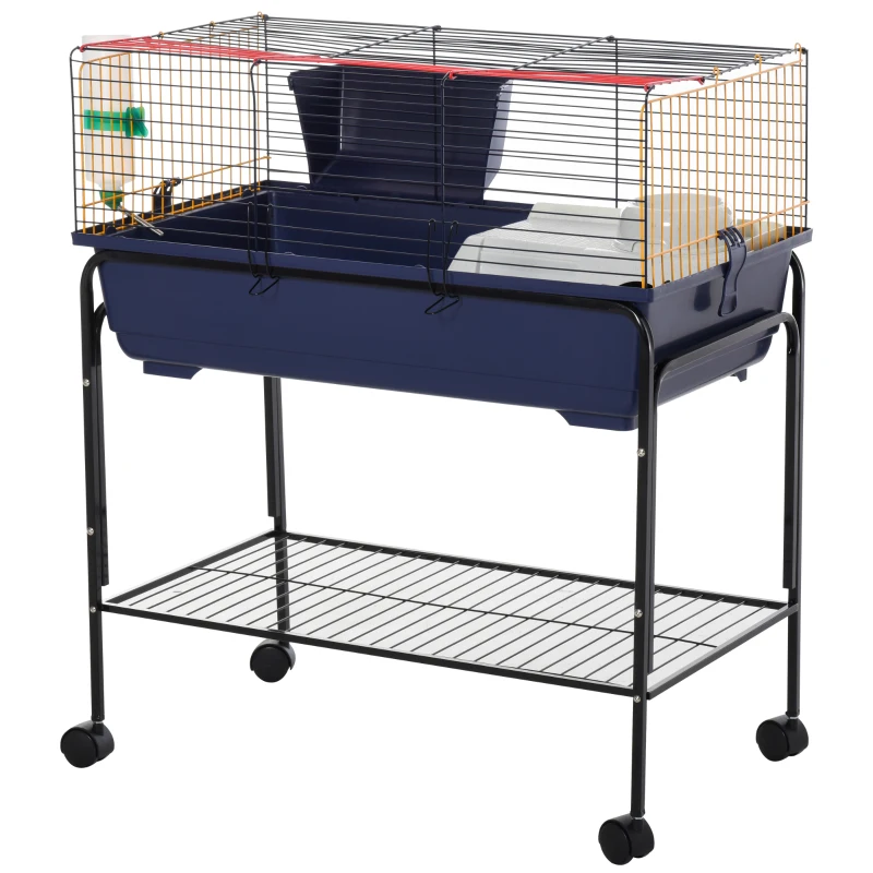 PawHut Small Animal Cage, 35.7" Rolling Guinea Pig Cage with Detachable Stand, Water Dispenser, Food Dish, Ramp, Wheels, for Rabbit, Bunny, Ferret, Chinchilla, Blue, Black, Yellow