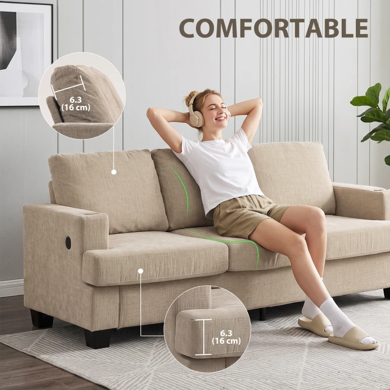HOMCOM 3 Seater Sofa with USB Ports & Cup Holders, Chenille-Feel Upholstered Couch for Living Room, Light Brown