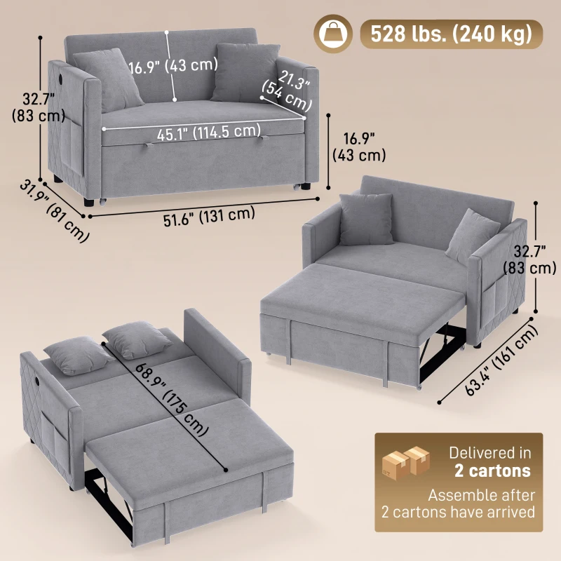 HOMCOM 52" Sofa Bed, Holland Velvet Loveseat Pull Out Sleeper Sofa with USB Ports, Adjustable Backrest, Side Pockets, Dark Grey