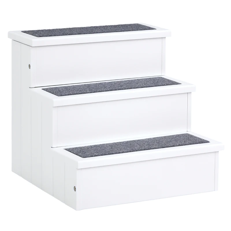 PawHut Pet Steps 3-Step Dog Stairs for Small Dogs Cats and Wooden Ramp with Storage Box Carpet Tread, White