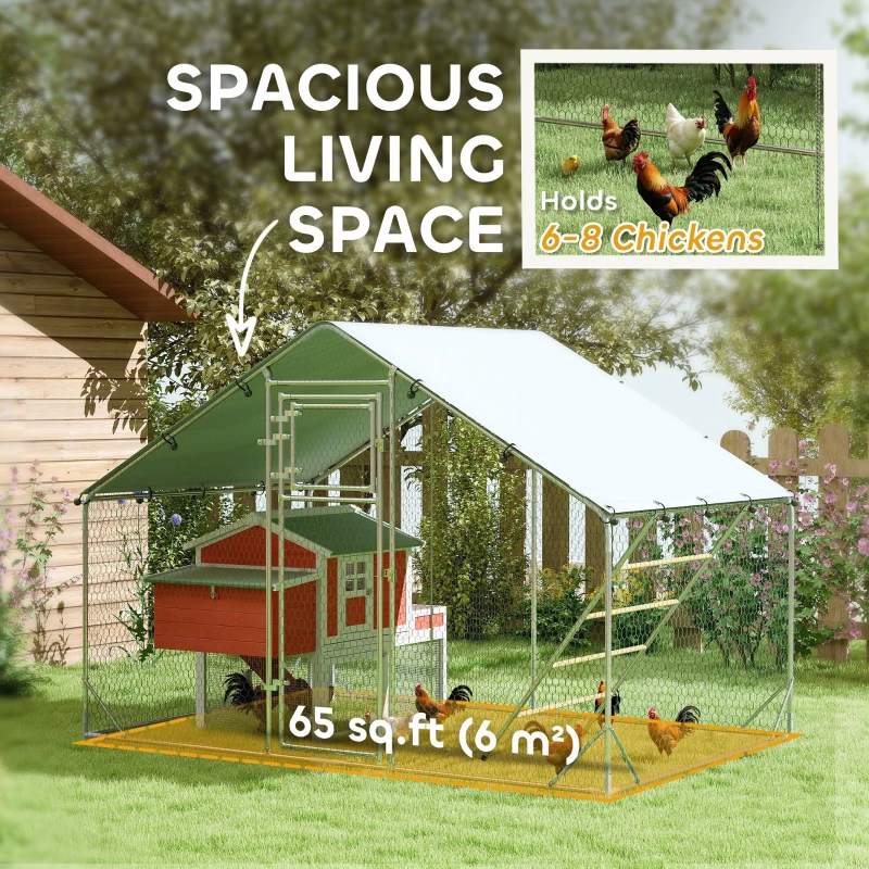 PawHut Large Metal Chicken Run with Waterproof & UV-Resistant Cover, Feeding Door, Hanging Feeder, Perch for 6-8 Chickens