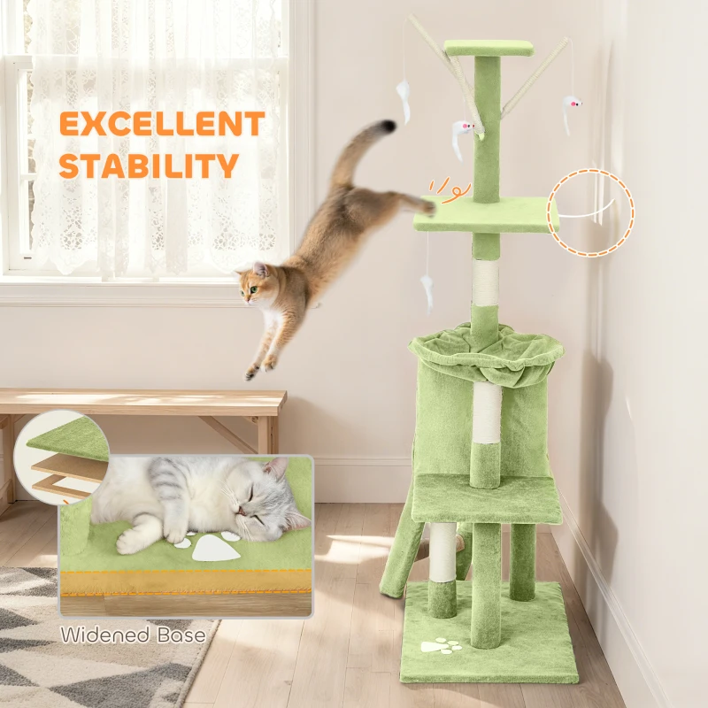 PawHut 53" Cat Tree Tower, Kitten Activity Centre with Scratching Posts, Condo, Perches, Ladder, Hammock, Dangling Toys, Green