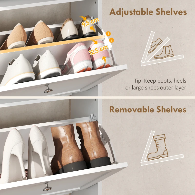 HOMCOM Shoe Cabinet with 3 Flip Drawers Slim Shoe Storage Cabinet with Sensor Light Top Shelf Home Hall White