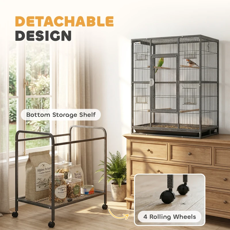 PawHut 56"H Bird Cage, Parrot Cage w/ Detachable Rolling Stand, Removable Tray, Storage Shelf, Perches, Food Container