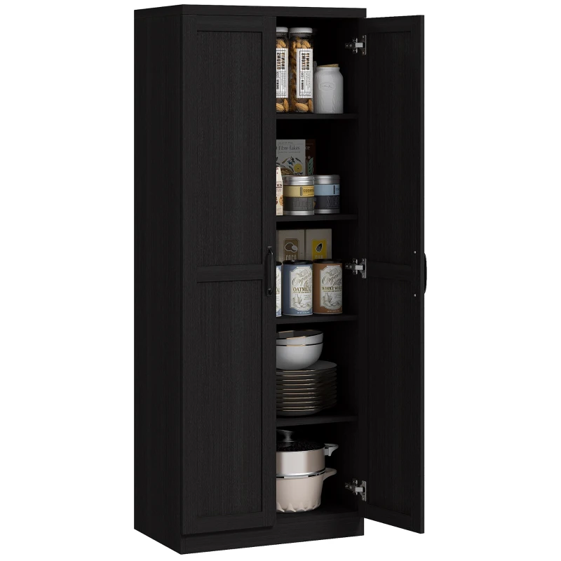 HOMCOM 63" Kitchen Storage Cabinet, 5-tier Pantry Cabinet with Doors and Adjustable Shelves for Dining Room, Black