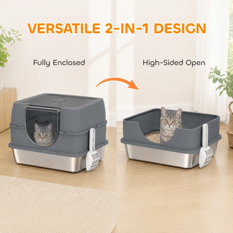 PawHut Stainless Steel Cat Litter Box with Lid, High Sided Enclosed Litter Box with Removable Lid, Tray, Scoop
