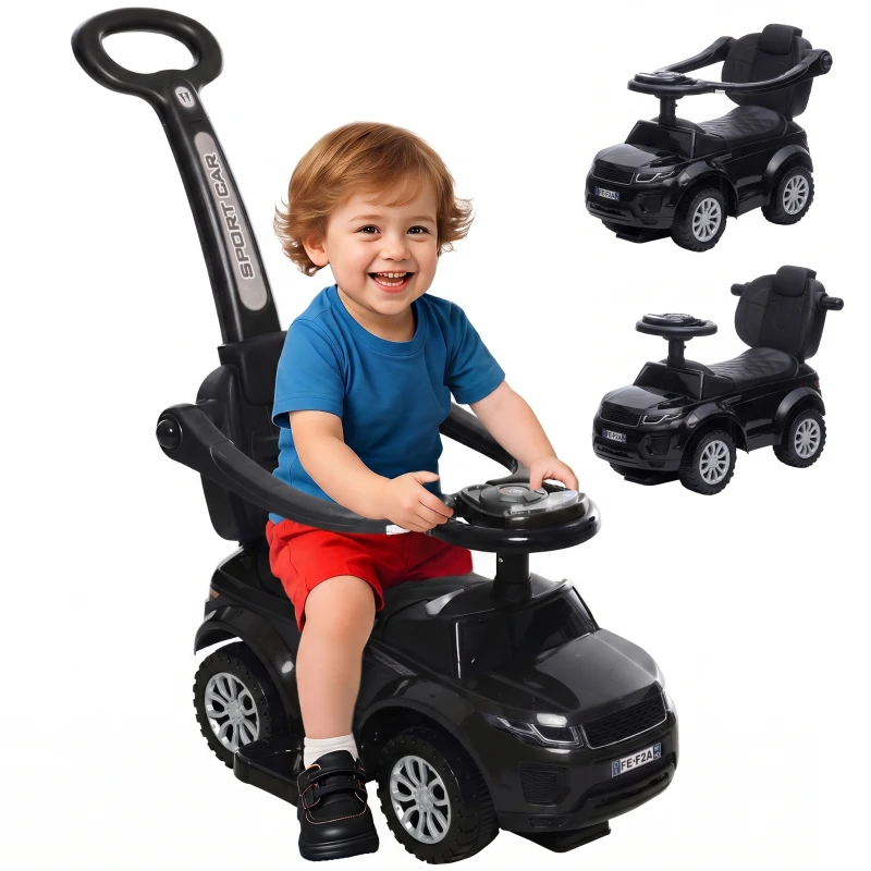 Aosom 3 In 1 Push Cars for Toddlers Kid Ride on Push Car Stroller Sliding Car with Horn Music, Black