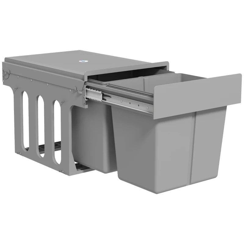 HOMCOM Pull Out Bin, Under Sink Garbage Can with 2 Removable Compartments (4 gallon Each) for Kitchen Waste, Light Grey