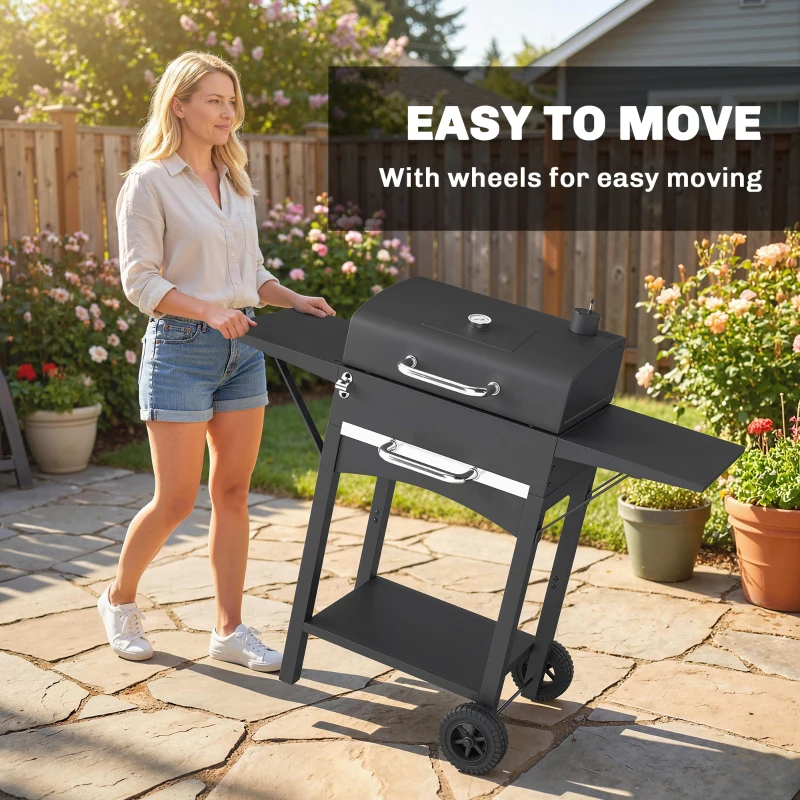 Outsunny Charcoal Grill with 2 Side Tables, Barbecue Grill with Thermometer and Warming Rack, Wheels, 43.3"x18.3"x39.8", Black