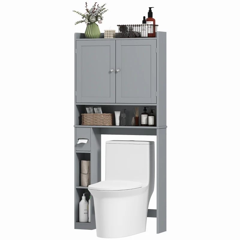HOMCOM Modern Over The Toilet Storage Shelf with 2 Doors, Above Commode Storage Cabinet with Toilet Paper Holder, Grey