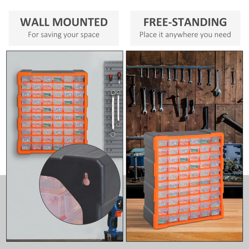 DURHAND Plastic Screw Organizer Storage Cabinet for Garage, 60 Drawers Parts Organizer Desktop or Wall Mount Storage Container for Hardware, Parts, Crafts, Beads, or Tools, Orange