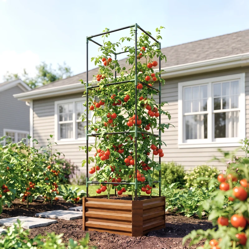 Outsunny Galvanized Planter Box, 24" x 24" x 73.5" Raised Garden Bed with Tomato Cage for Climbing Vines, Brown
