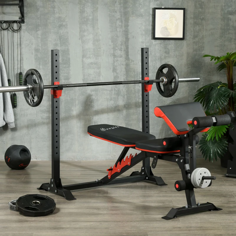 Soozier Adjustable Weight Bench with Squat Rack, Preacher Curl Pad and Leg Developer, Home Gym Bench for Full Body Workout