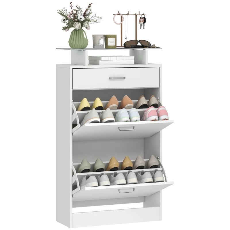 HOMCOM Shoe Cabinet, Slim Shoe Organizer Cabinet with 2 Flip Drawers, Adjustable Shelves, Drawer and Glass Top