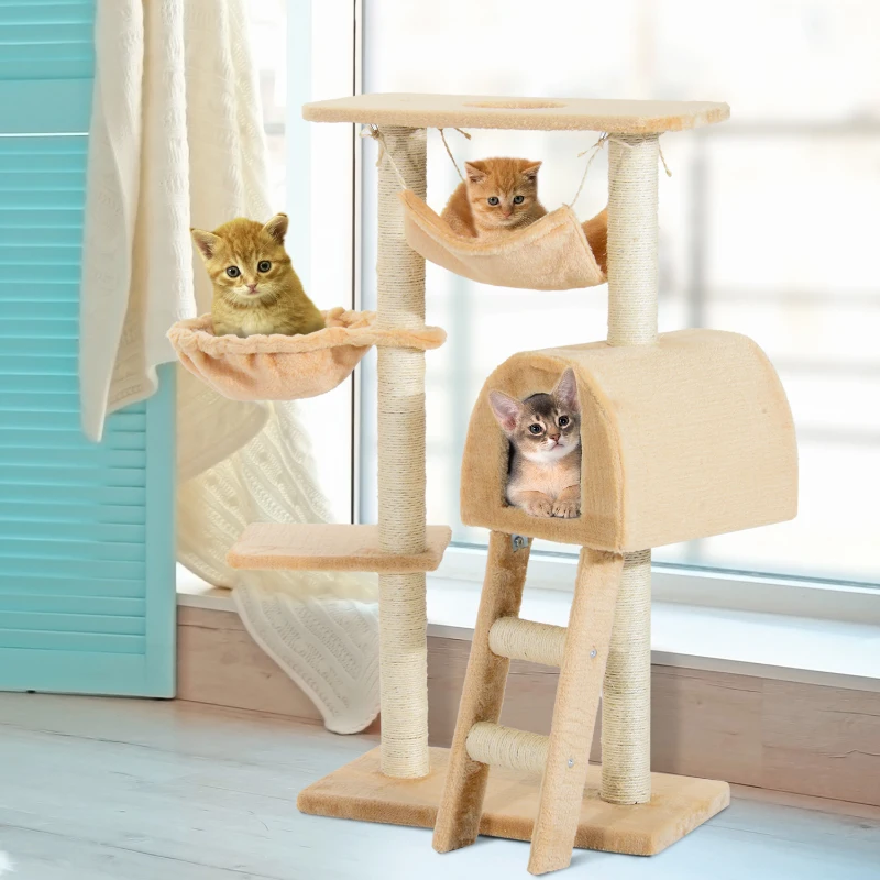PawHut 39" Deluxe Cat Tree Tower Scratching Post Kitten Condo Activity Center Deep Cream