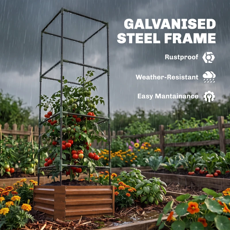 Outsunny Galvanized Planter Box, 24" x 24" x 73.5" Raised Garden Bed with Tomato Cage for Climbing Vines, Brown