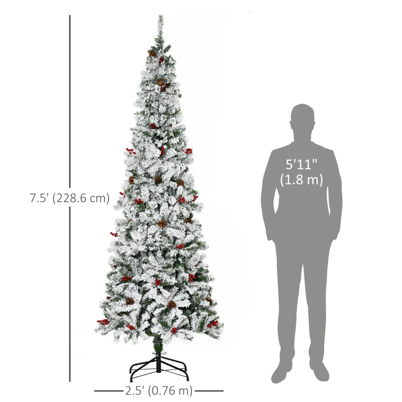 HOMCOM 7.5 Foot Pencil Snow Flocked Artificial Christmas Tree with 950 Pine Realistic Branches, Pine Cones, Red Berries, Auto Open, Green