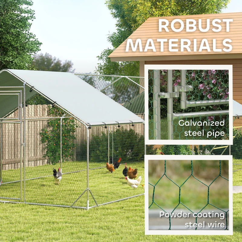 PawHut Large Metal Chicken Run with Waterproof & UV-Resistant Cover, Feeding Door, Hanging Feeder, Perch for 24-30 Chickens