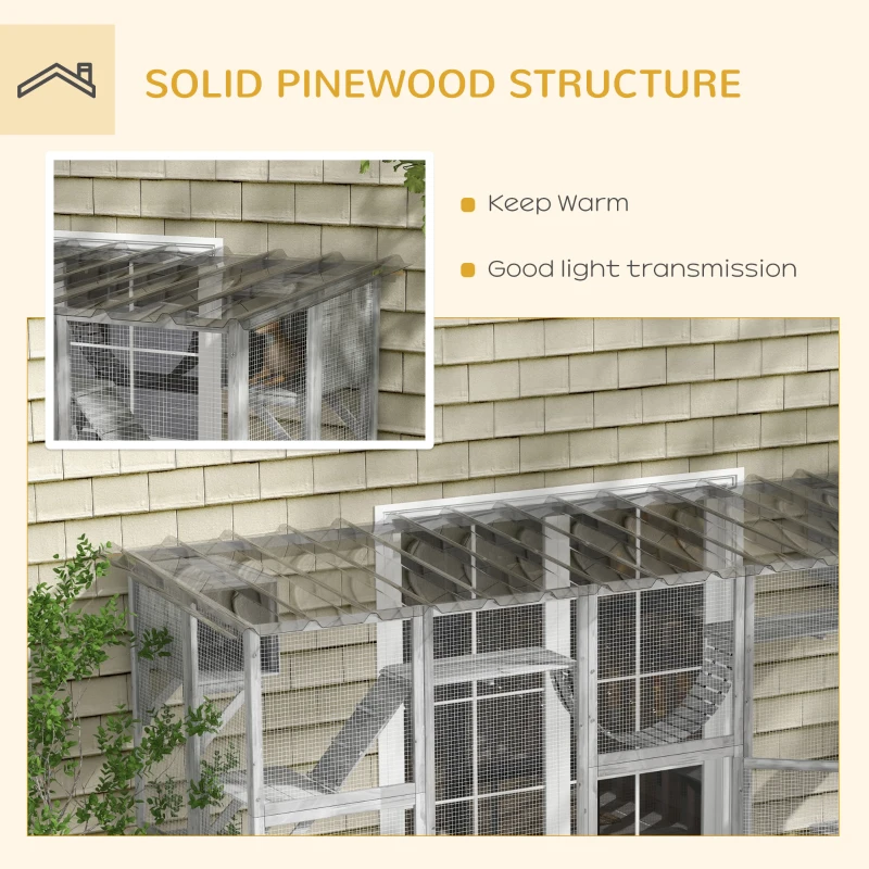 PawHut Large Outdoor Catio with Condos, Platforms, Doors, Ladders, Weather-Resistant Roof, Grey