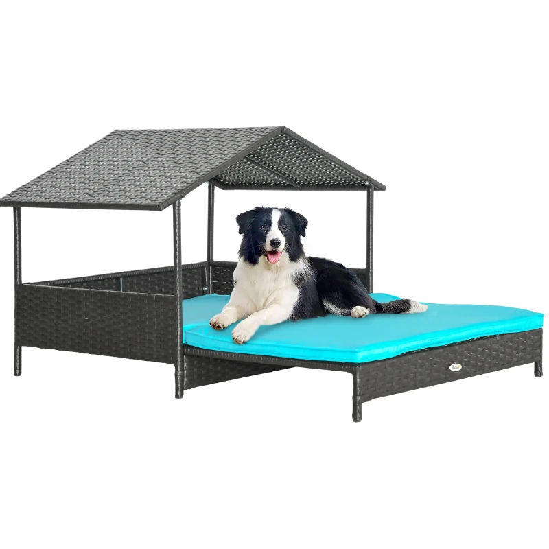 PawHut Rattan Dog House with Canopy, Wicker Dog Bed with Water-Resistant Cushion, for Small and Medium Breeds Blue