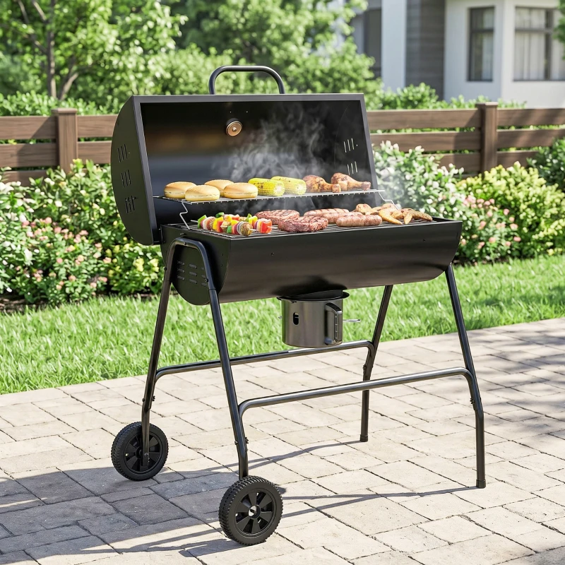 Outsunny Barrel Charcoal BBQ Grill, Barbecue with 420 sq.in. Cooking Area, Wheels, Ash Catcher, Black